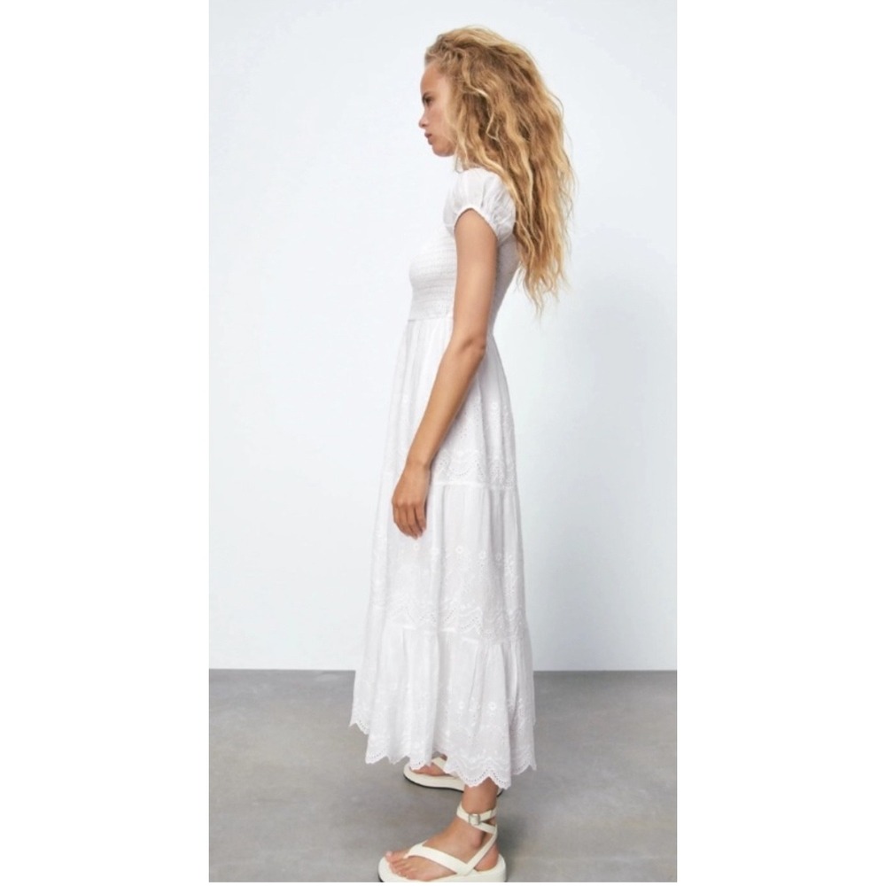 ZARA White Eyelet Smocked Bodice Maxi Dress Puff Sleeve Square‎ Neck